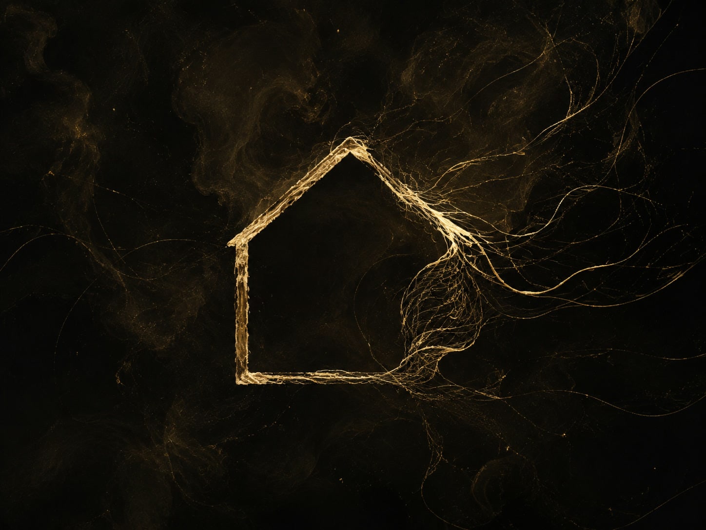 A hollow house-shaped gold outline dissolves into fine gold filaments in a dark haze.