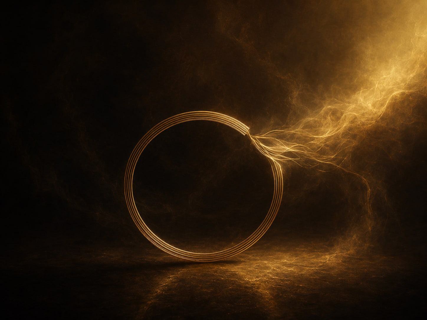 A gold ring opening at one point, its light trailing away into the dark.