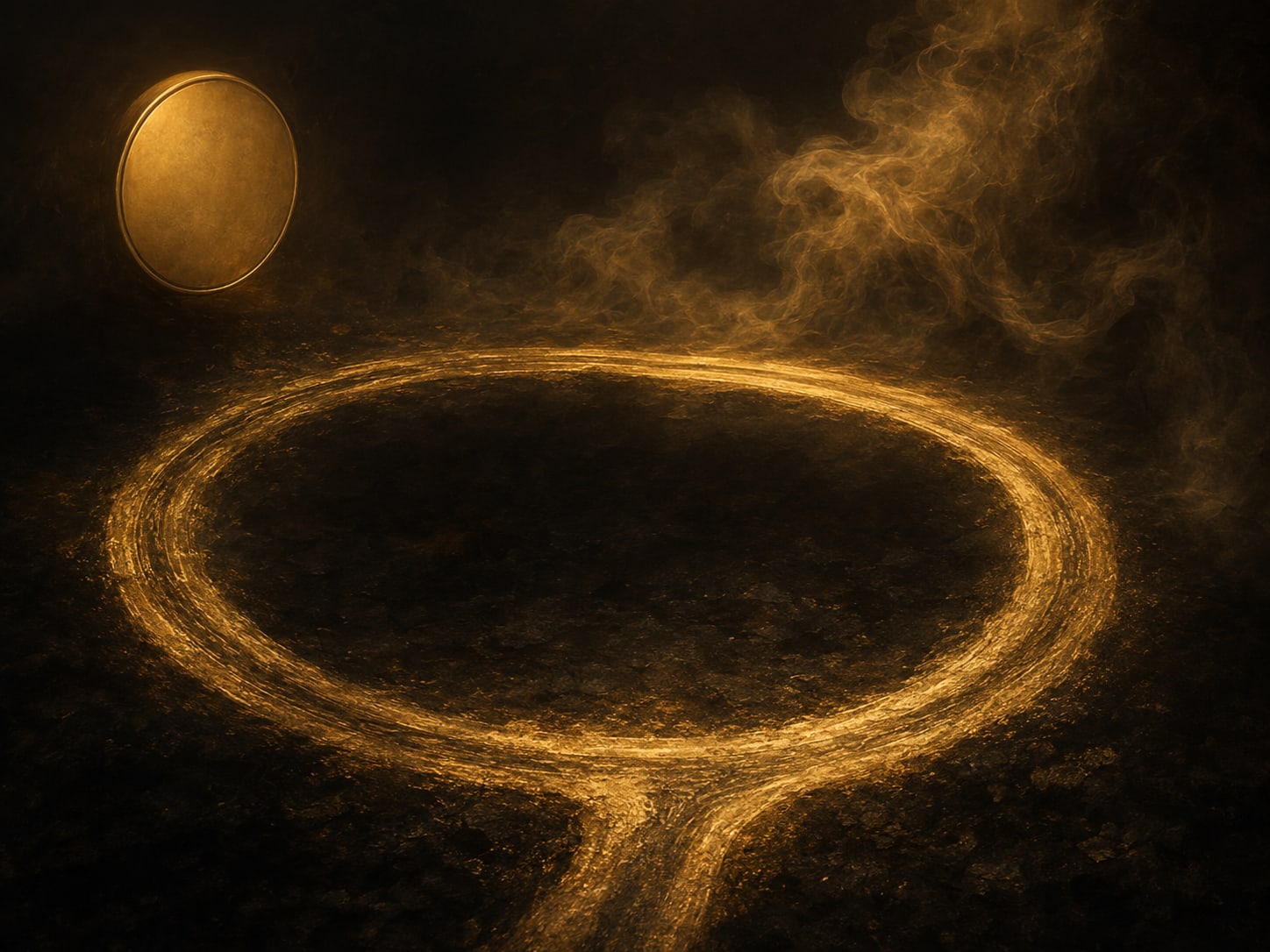 A gold path worn into a closed loop on dark ground.