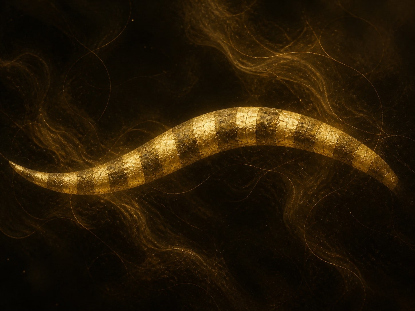 A curved gold snake segment with repeating textured bands floats in a dark hazy space.