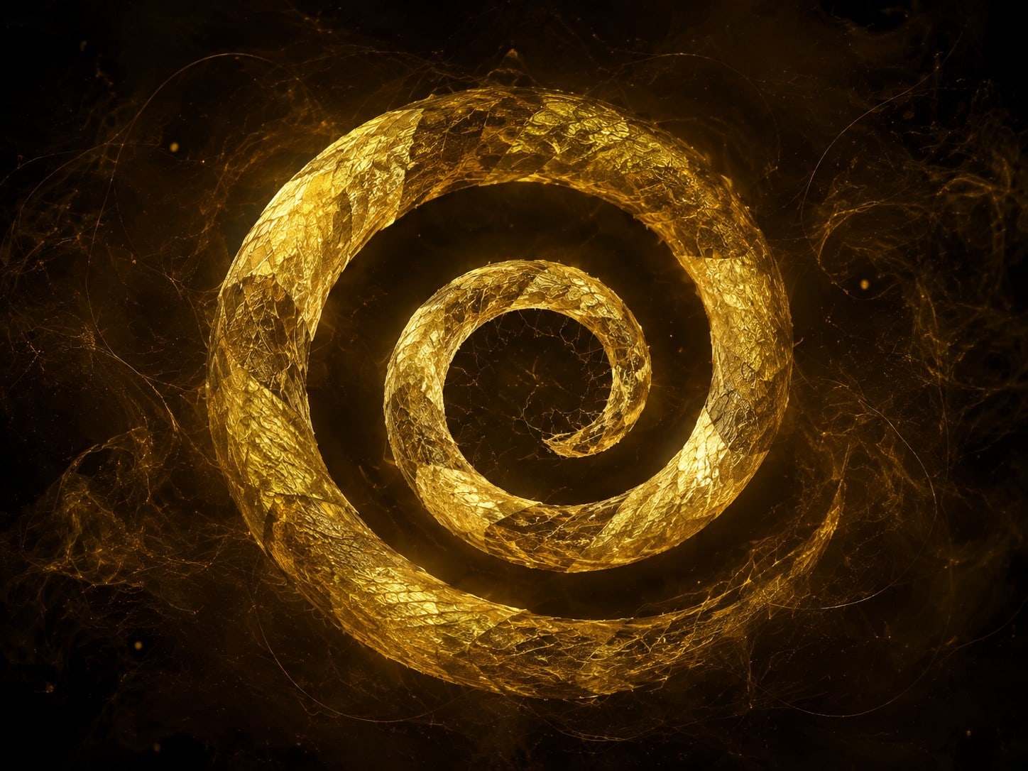 A hollow spiral of gold shed snake skin with alternating textured bands floats in a dark hazy space.