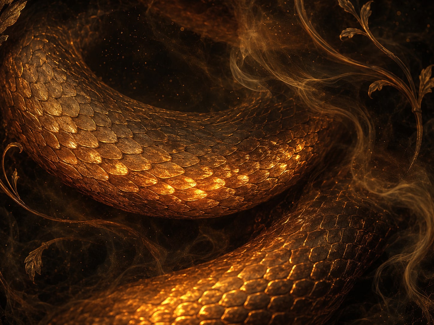 A close view of serpent scales glowing like banked embers.