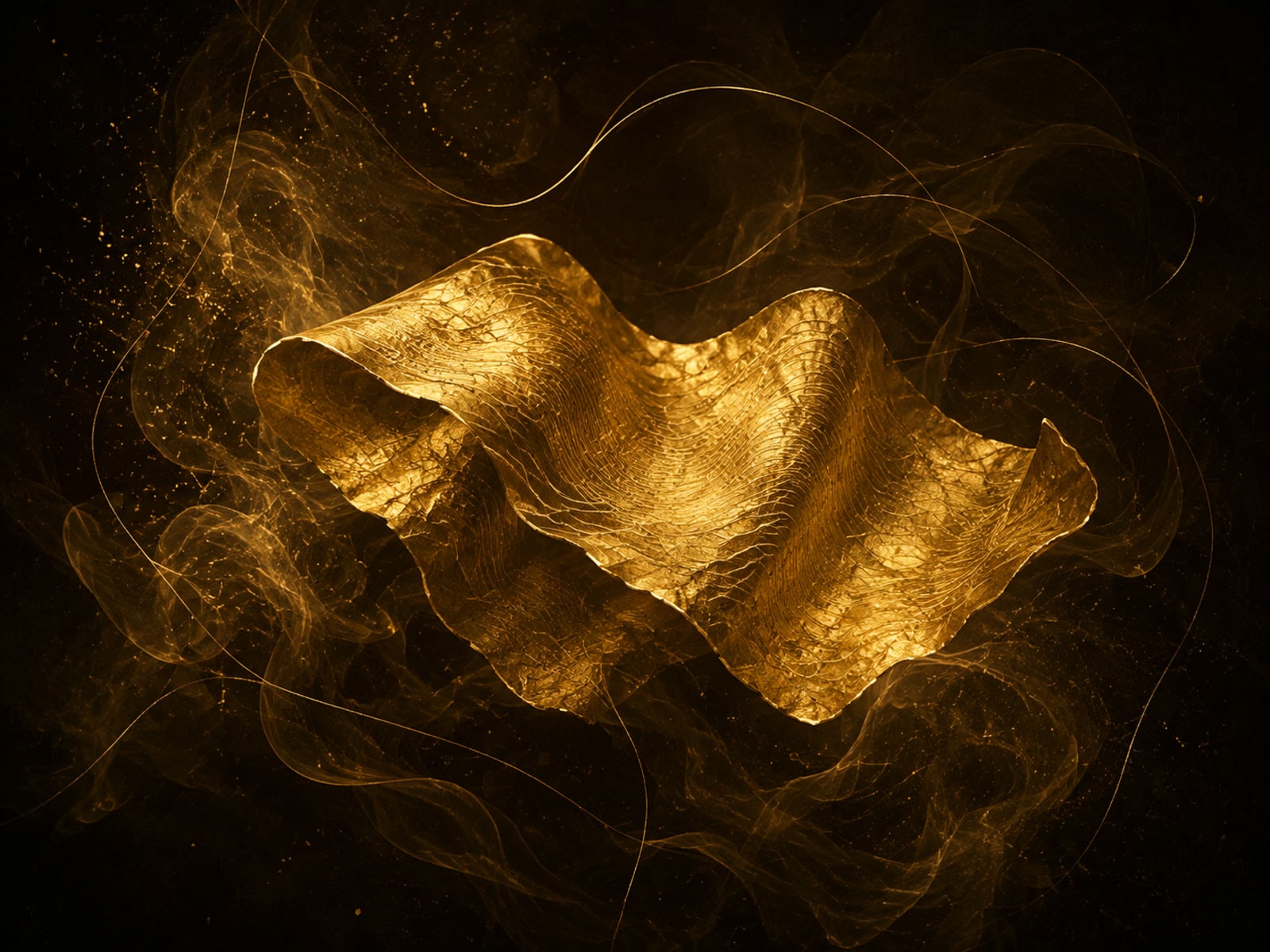 A folded gold ribbon with fine contour lines floats in smoky dark space.