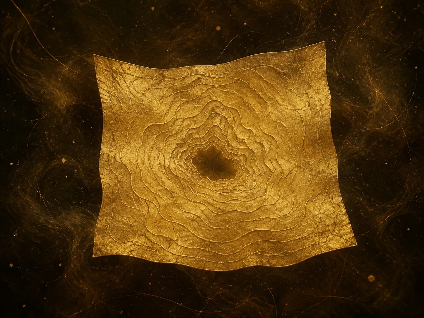 A square gold map-like emblem with nested contour lines and a dark hollow center floats in smoky brown-black darkness.
