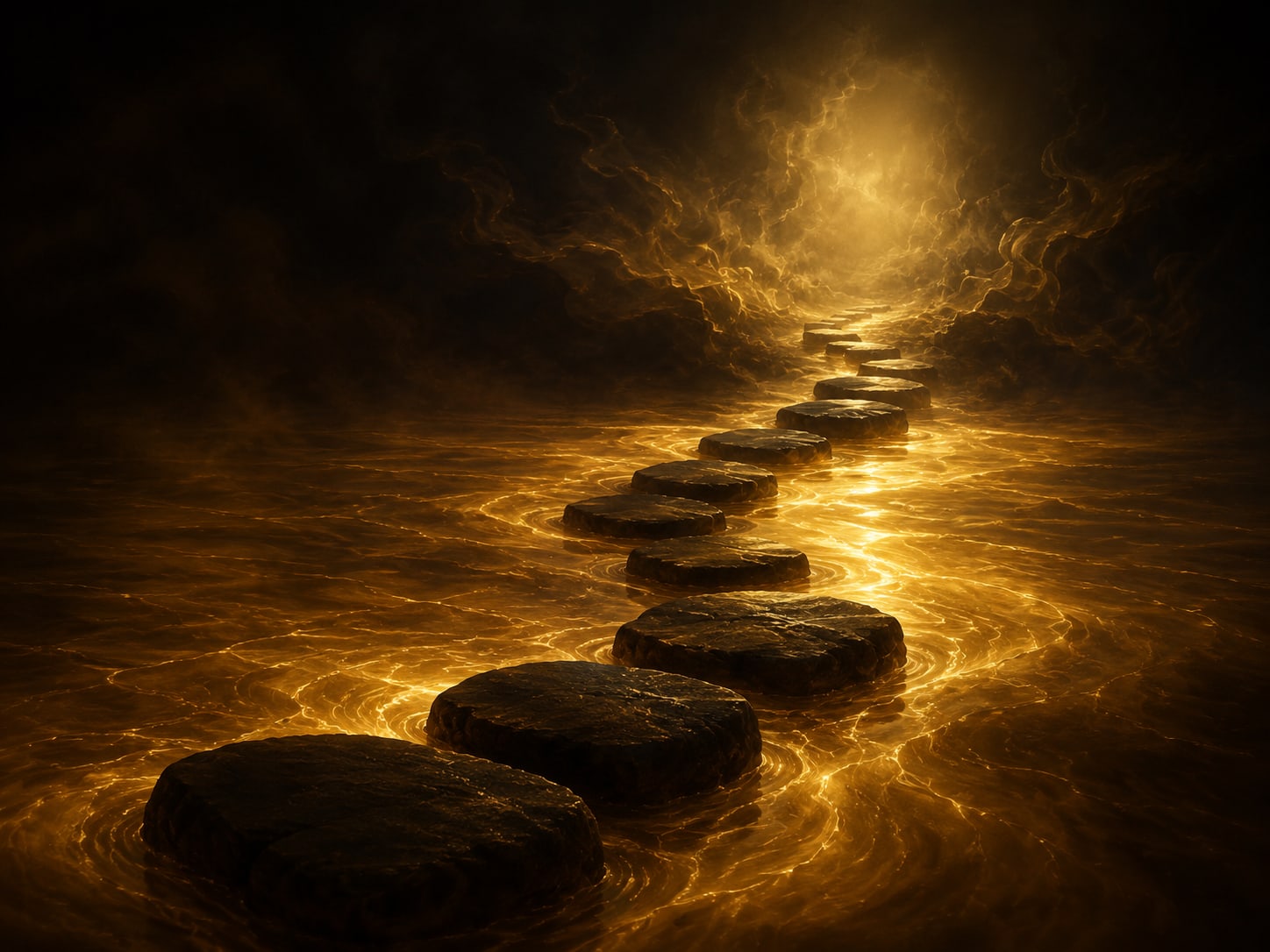 A path of dark stepping stones crossing a flowing gold river from one shadowed bank to the other.