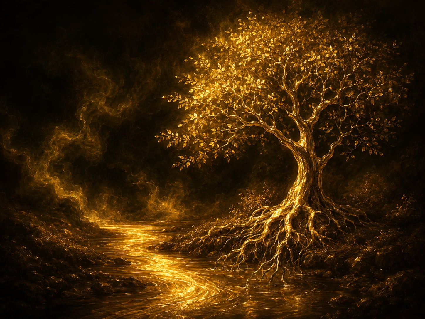 A gold tree standing beside a flowing gold stream with its roots reaching the water.