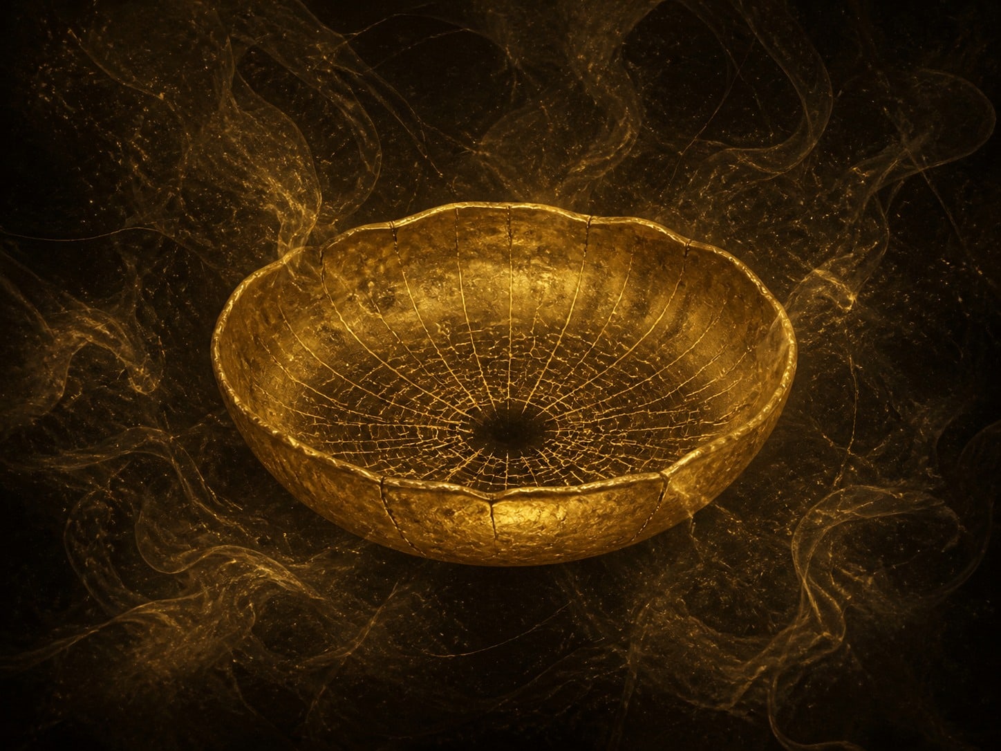 A buckled gold bowl with a web of fine cracks around a small dark hollow floats in dark haze.
