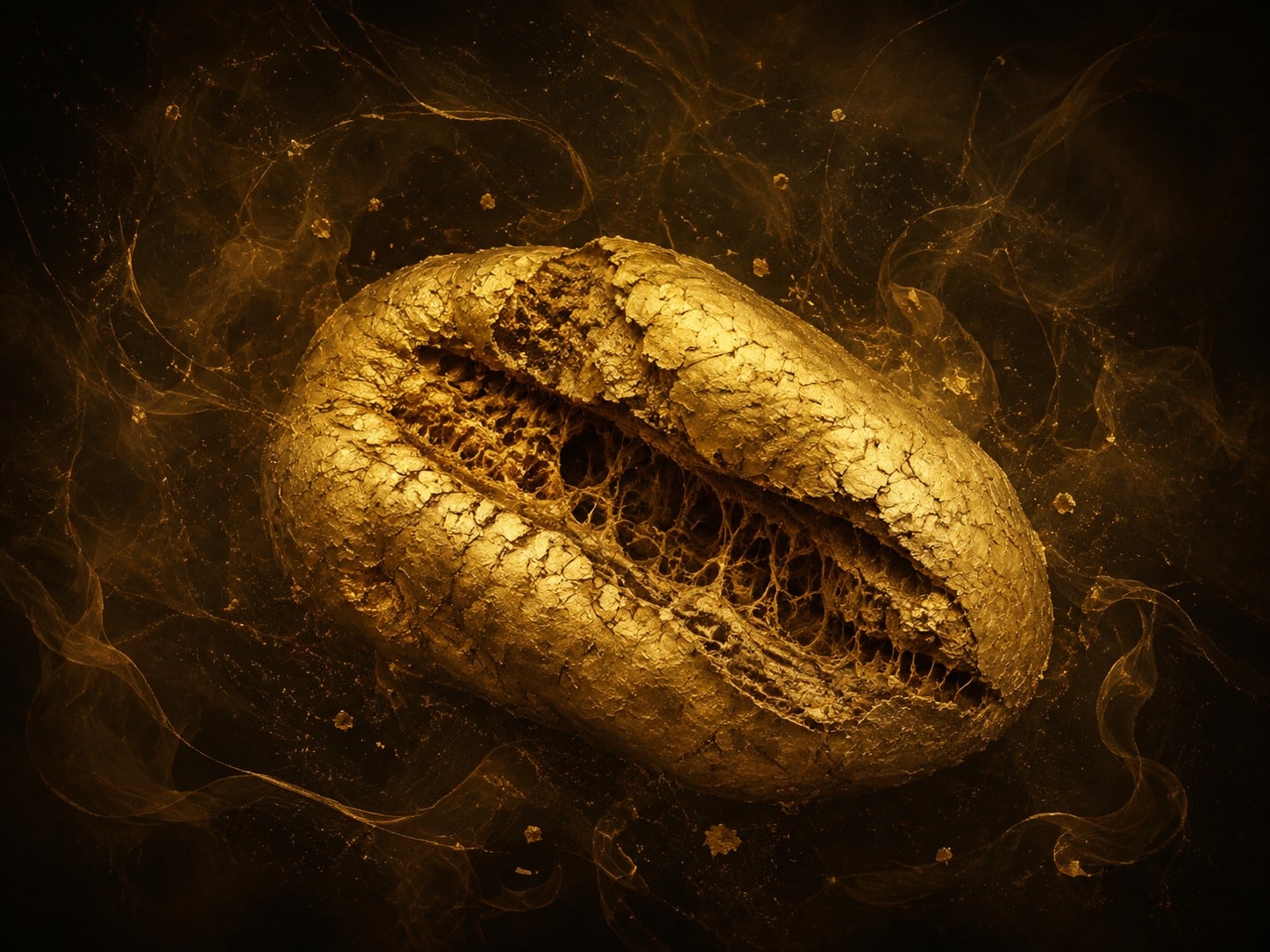 A sagging hollow gold loaf form with a central crack floats in dark haze with small gold particles.
