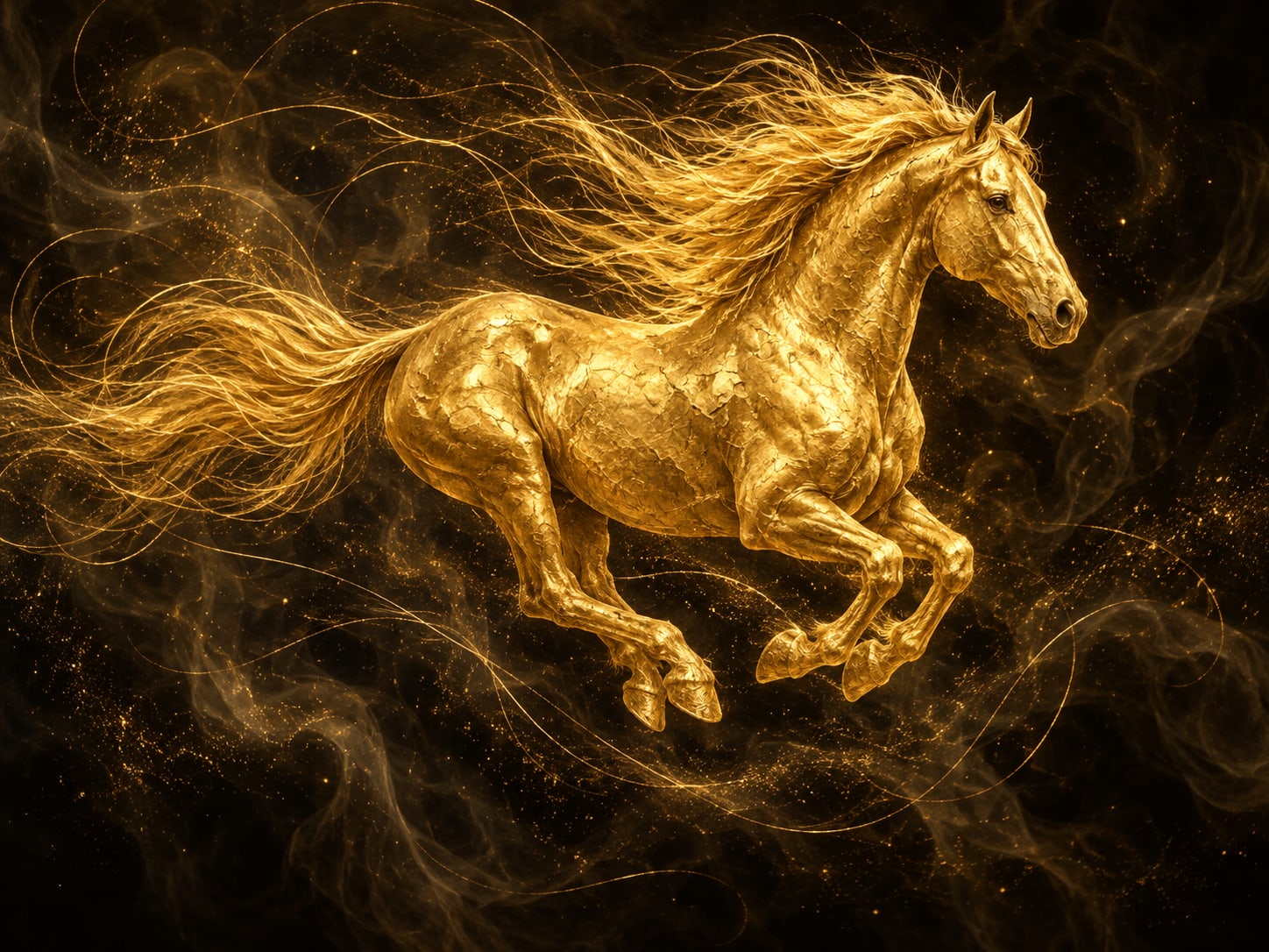 A gold horse gallops in midair with a streaming mane and tail in smoky dark haze.