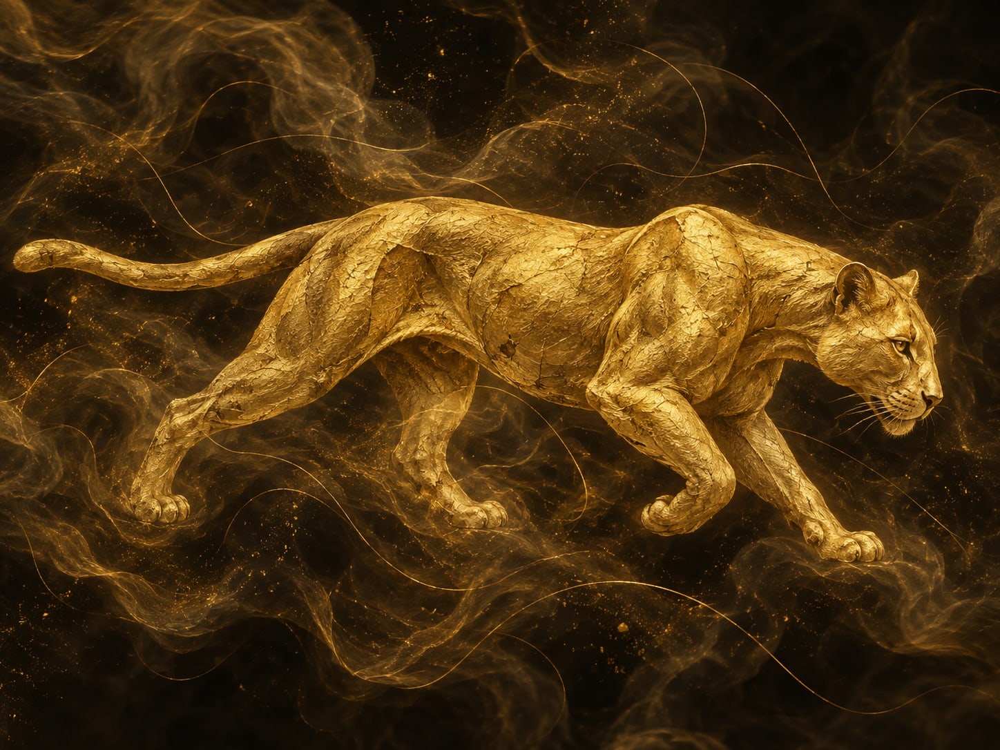 A gold big cat moves in a low prowling stride through smoky dark haze.