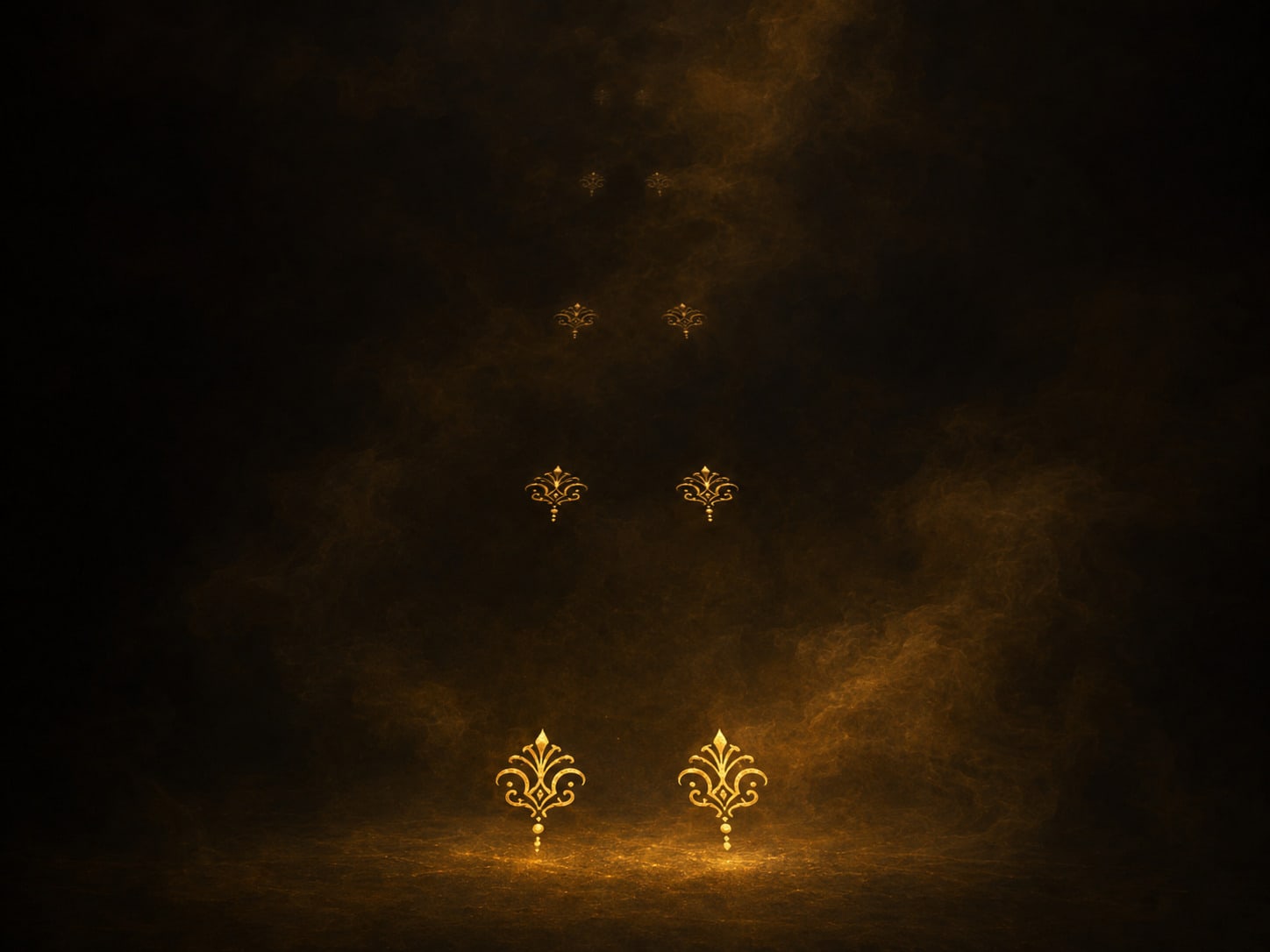 Small paired gold marks suspended in darkness in a receding rhythm, the nearest crisp and the furthest thinning into fine gold smoke.