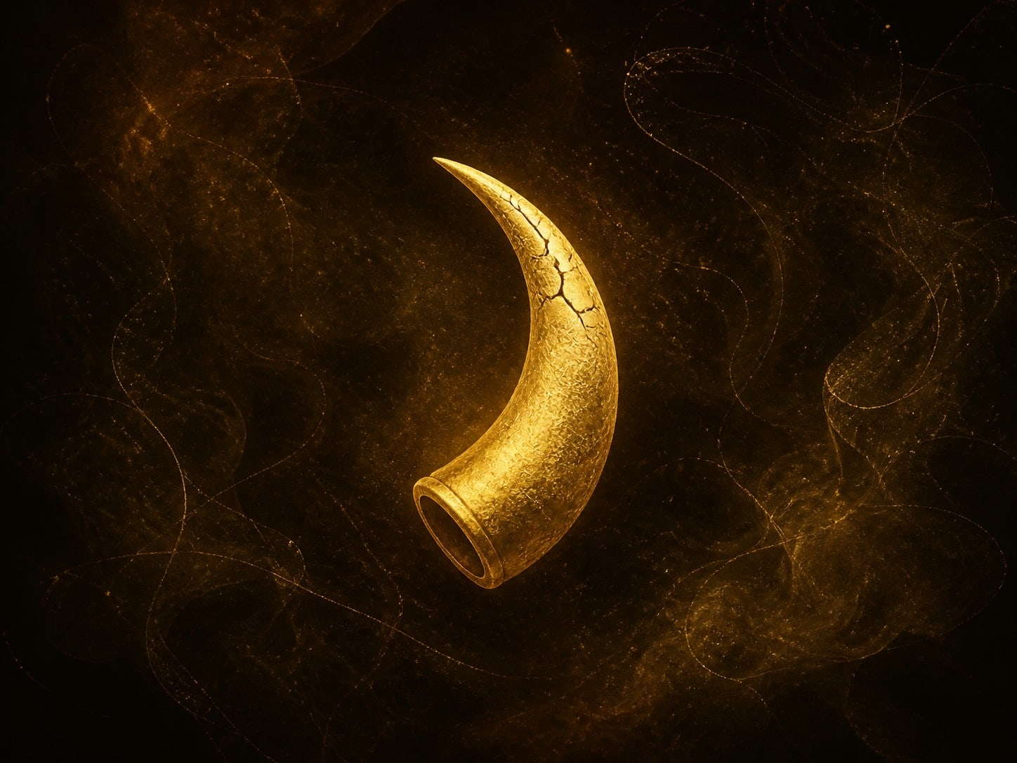 A single curved gold stinger with a hairline crack and a hollow open end.