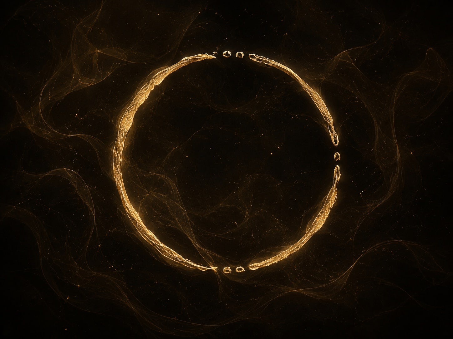 A broken circular gold filament floats in dark haze with tiny gold fragments bridging several gaps.