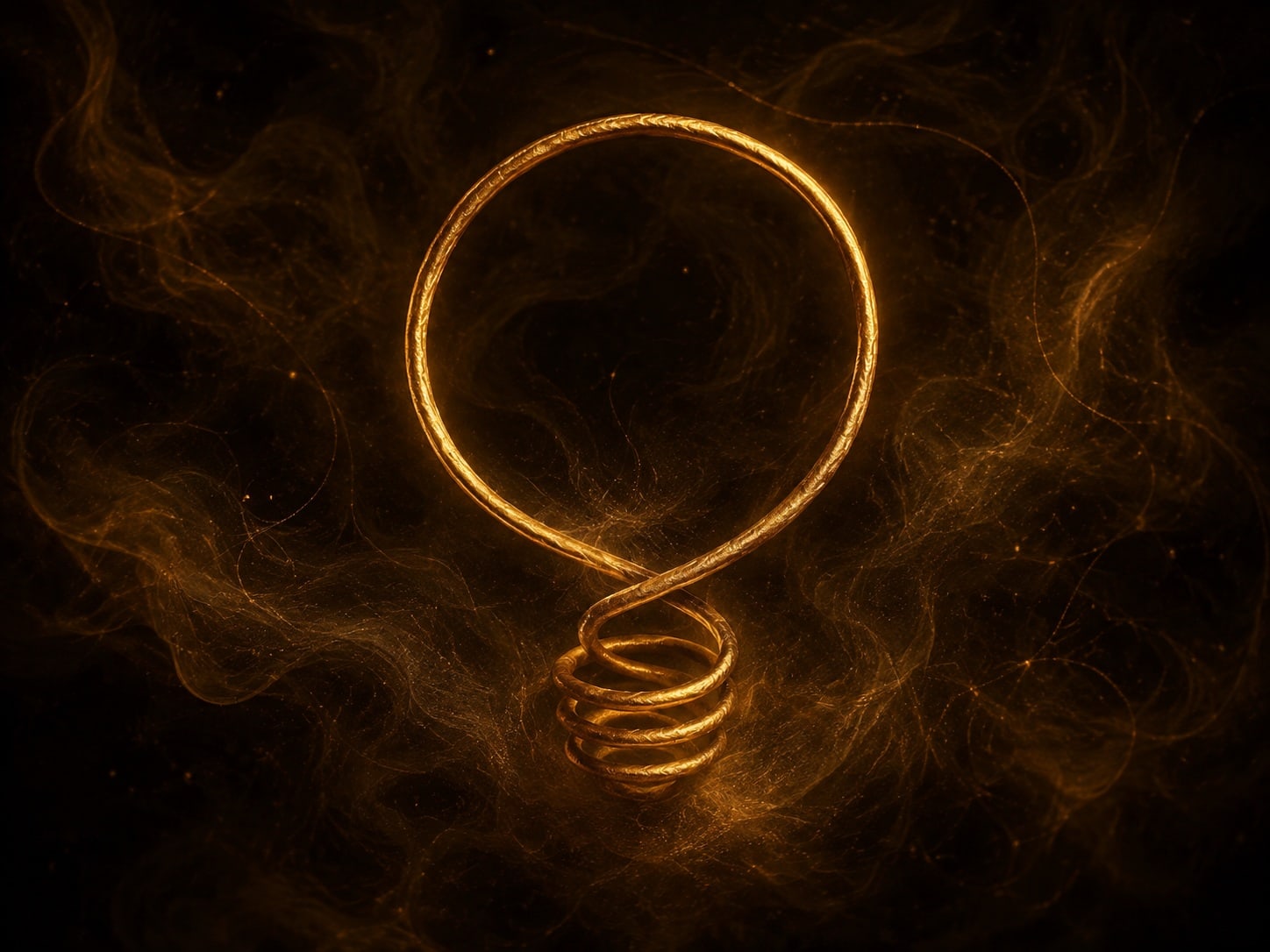 A gold filament rises from a small coil into a large unbroken loop amid warm dark haze.