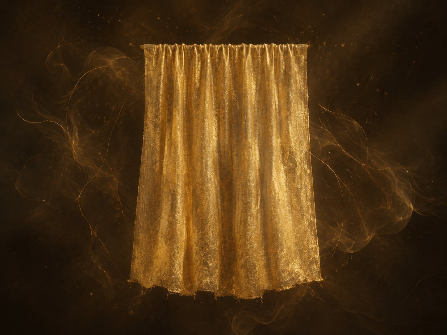 A single closed gold curtain panel with soft ripples and a frayed edge hangs in a warm dark haze.