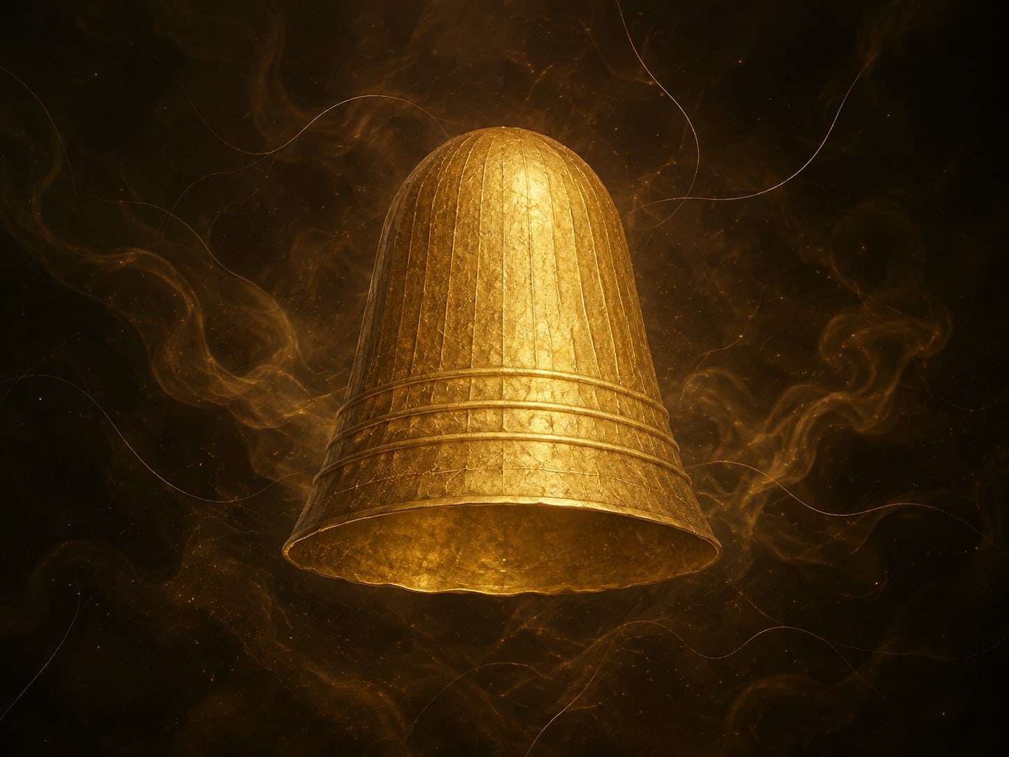 A hollow bell-shaped gold vessel with faint concentric ripples floats in a warm dark haze.