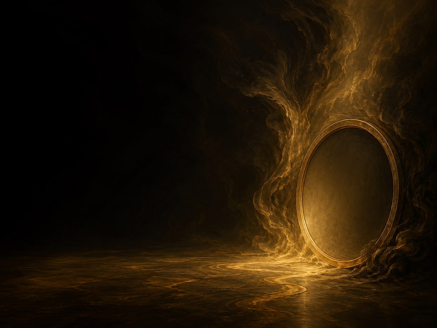 A soft glow gathered at the edge of a dark room-like void, with no face, body or shape.