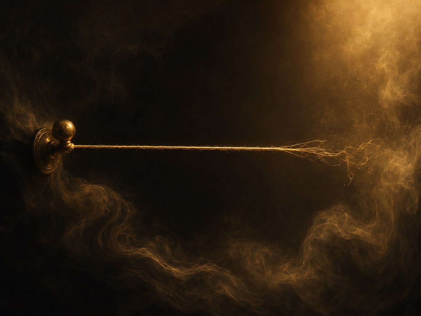 A single gold thread drawn taut and just beginning to loosen at one end.