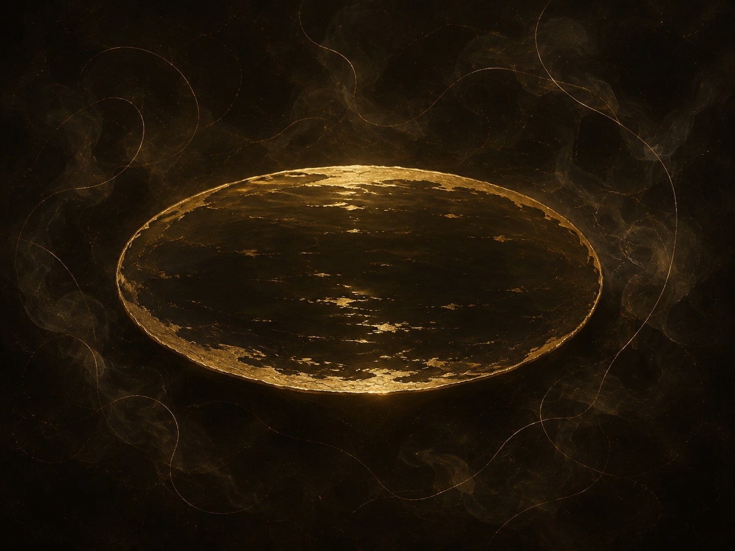 A dark still pool with a few pale gold reflections floats in a hazy near-black space.