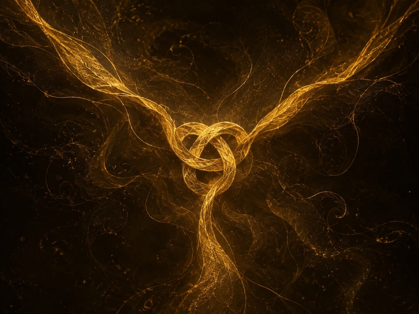 Three fine gold threads enter from separate edges and twist into a central knot in dark haze.