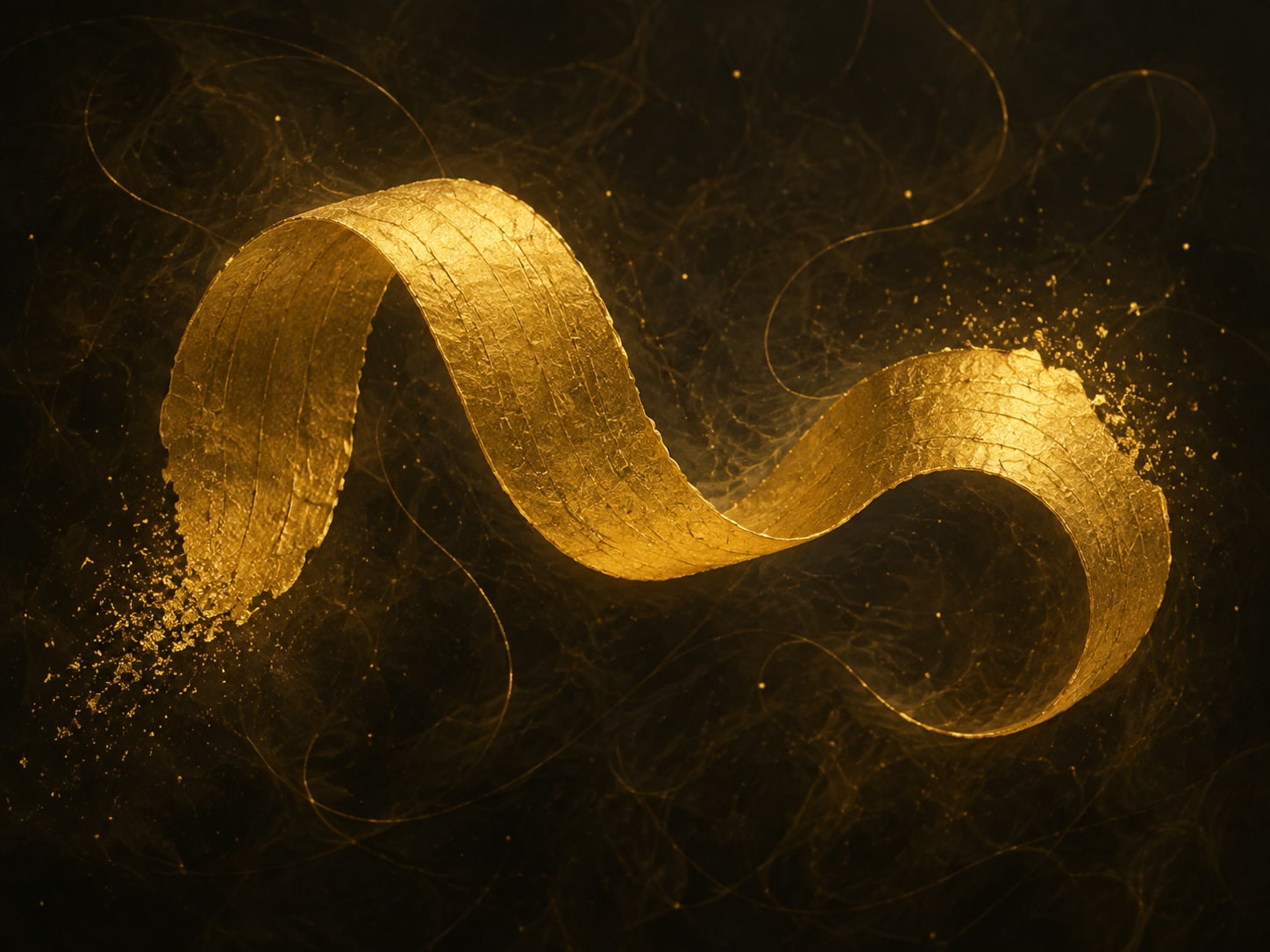 A single looping ribbon of beaten gold frays into a fine drift of particulate at its edges before becoming whole again, in warm near black smoke.