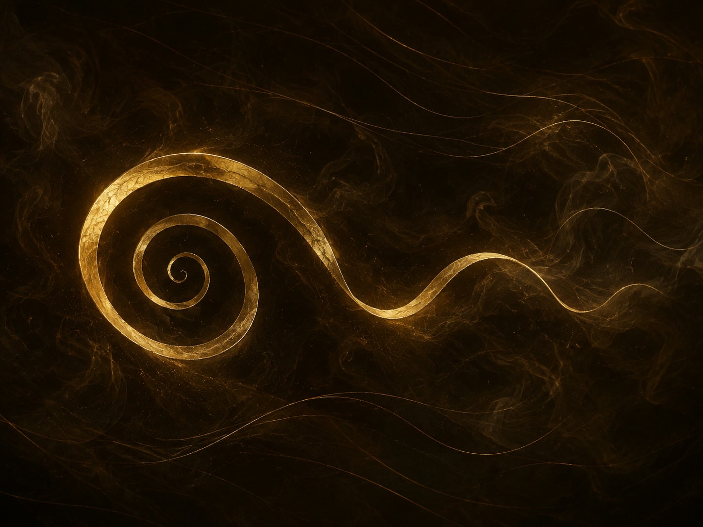 A delicate hollow gold coil begins as a tight inward spiral and gradually opens into a loose wave, its uneven rim luminous in warm near black haze.
