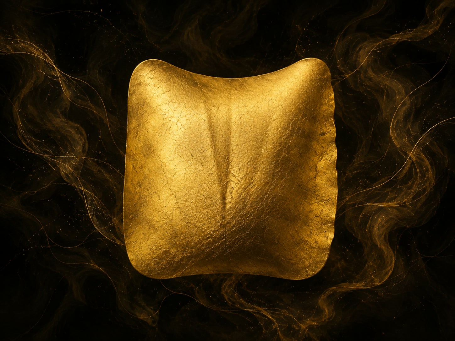 A raised golden cushion form with soft crease lines floats in smoky dark-gold haze.