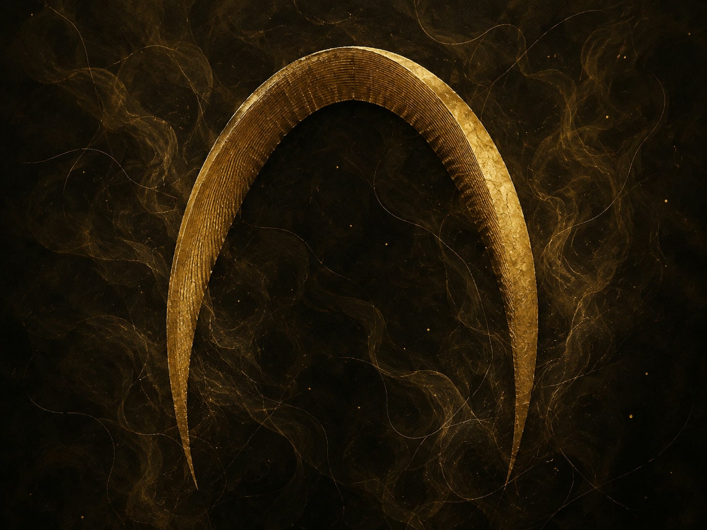 A tall curved golden arch surrounds a dark hollow amid smoky gold haze.