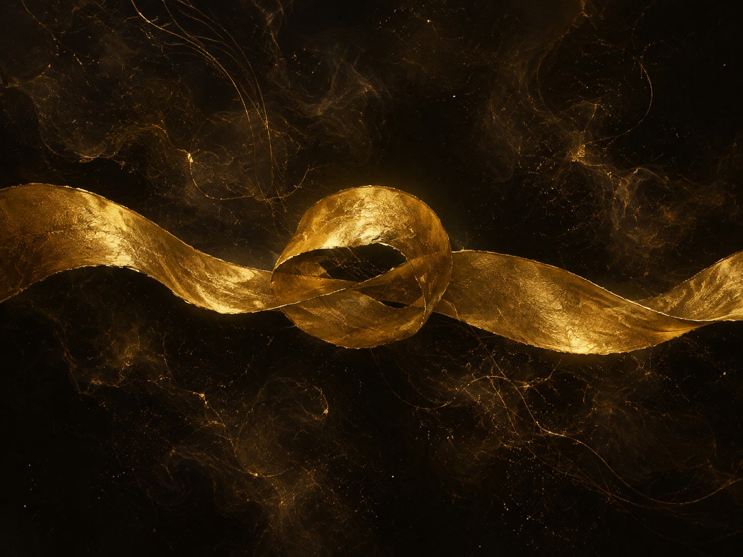 A knotted golden ribbon with an open channel floats in a smoky dark void.