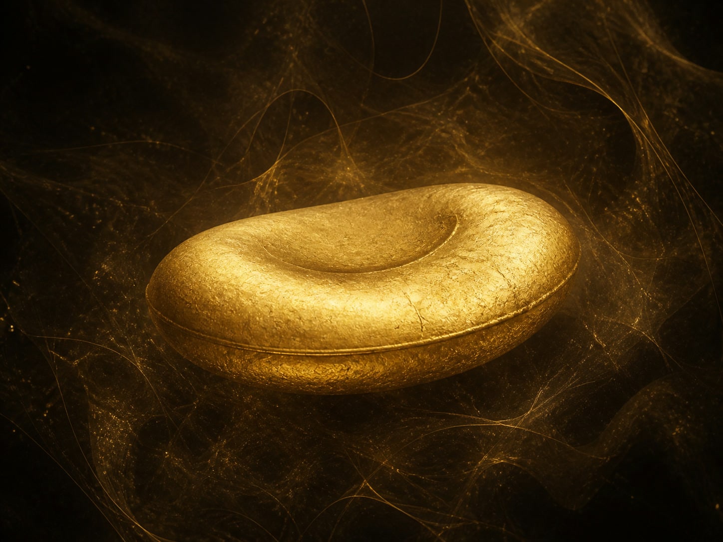 A rounded golden cushion form with a shallow indentation floats in smoky dark-gold haze.