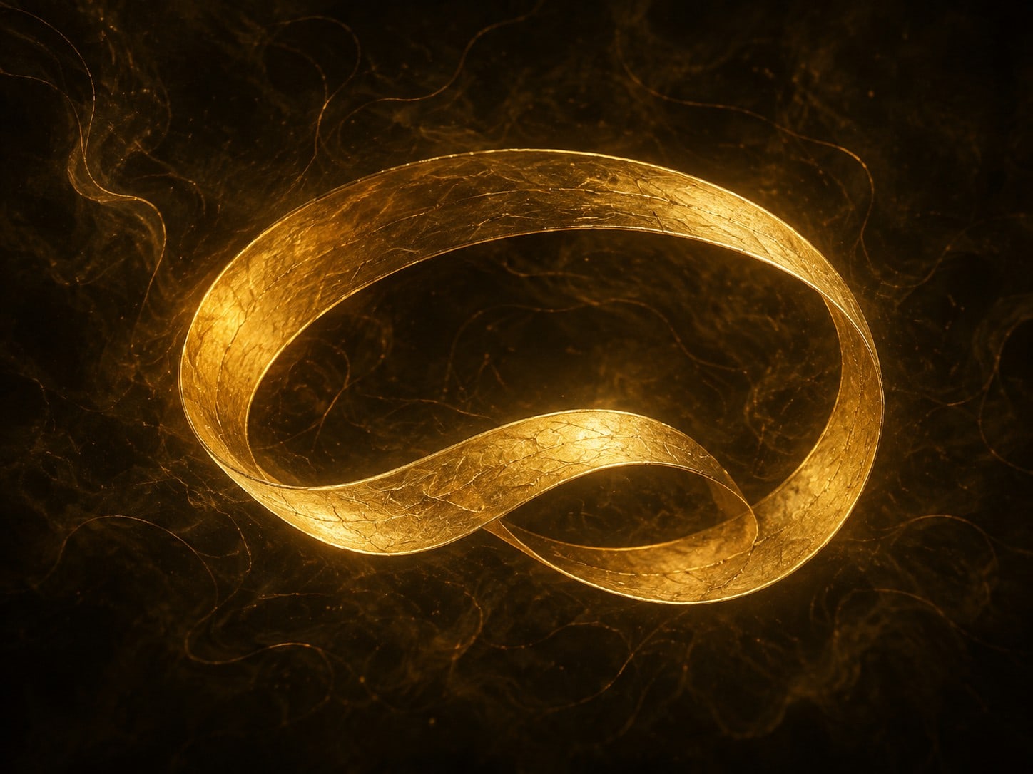 A single gold thread folded into a broad protective loop drifts through a warm dark haze.