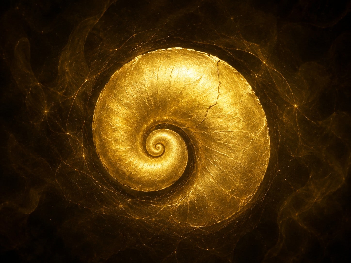 A compact gold spiral shell with a broad unbroken outer curve hangs in a dark, smoky field.