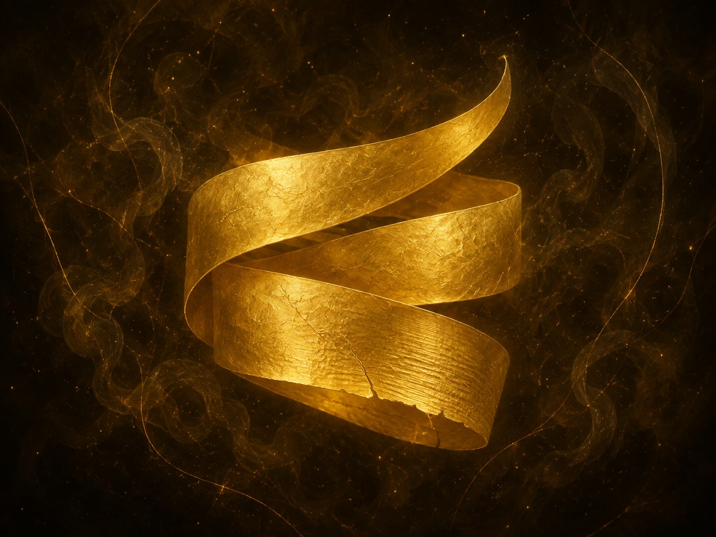 A broad gold ribbon folded into three heavy arcs, the lowest one thick and creased, in a dark hazy space.