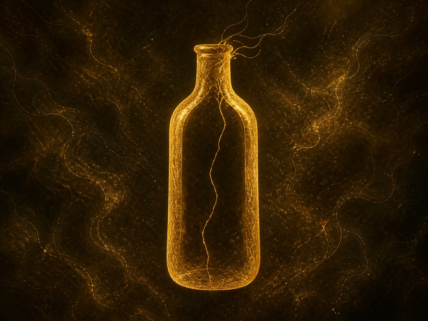 A tall gold bottle shape with a fine vertical crack running through its ribbed surface, in a dark hazy space.