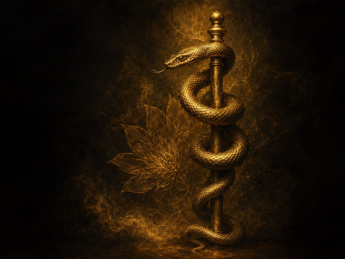 A gold serpent coiled around a tall pole raised in the dark.