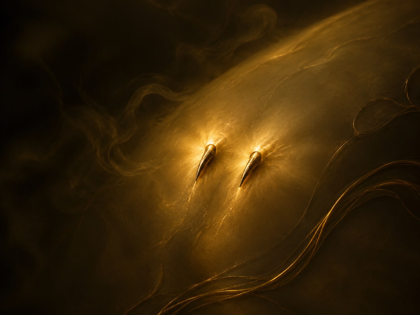 Two fine gold puncture marks on a dark surface, glowing softly.