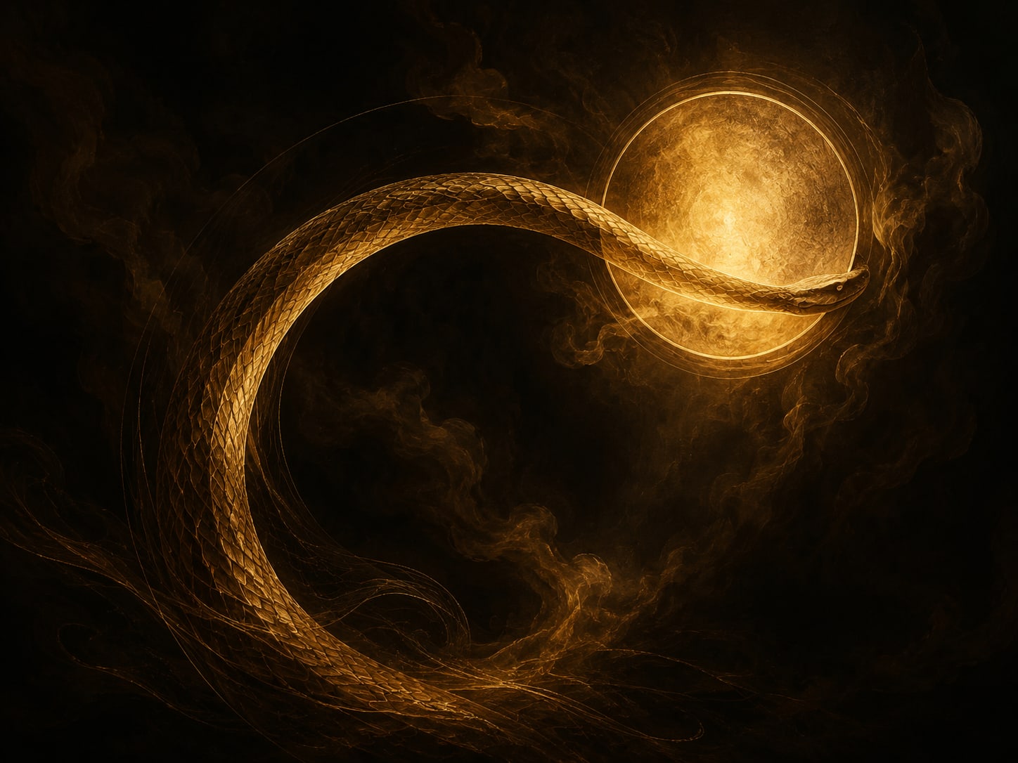 A vast gold serpent arcing toward a radiant gold disk, its leading coil just beginning to cross the light.