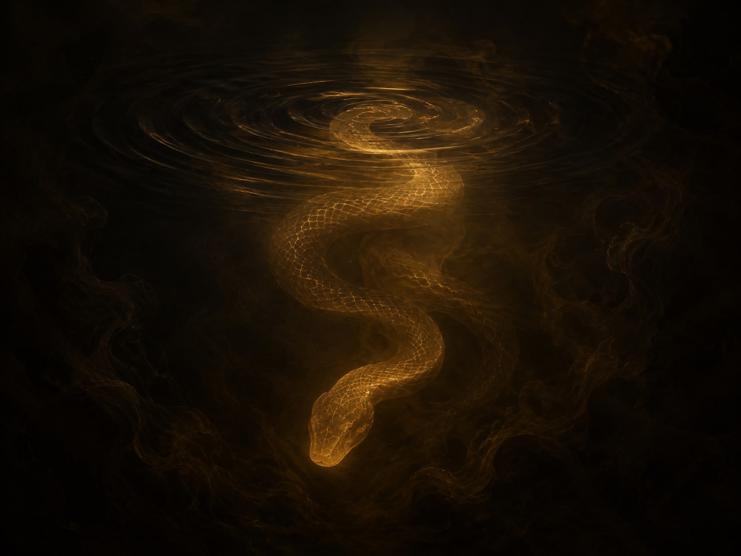 A gold serpent advancing along a long, sinuous trail of glowing gold dust that curves away into the dark.