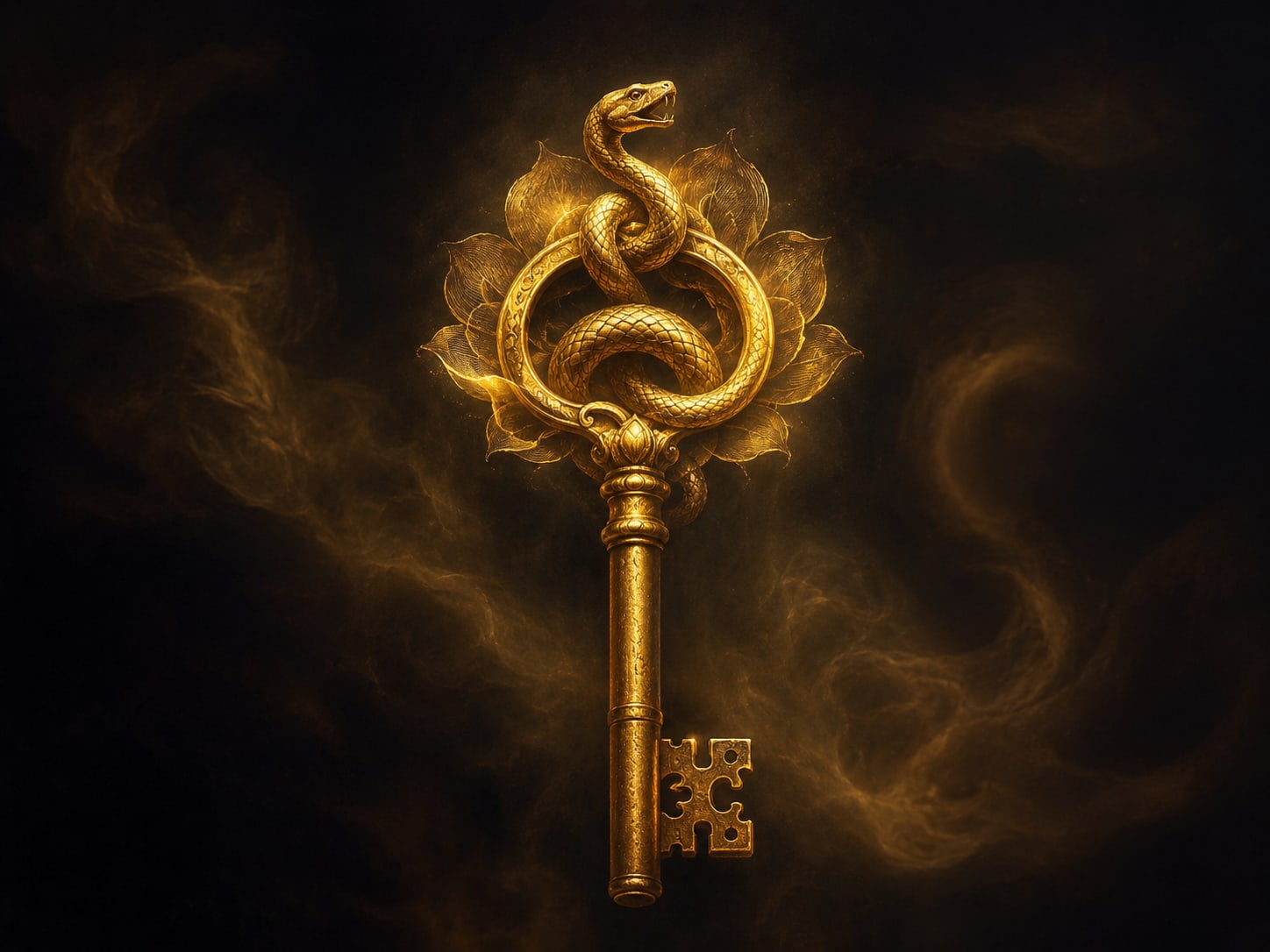 A gold serpent wound through the bow of a large antique gold key.
