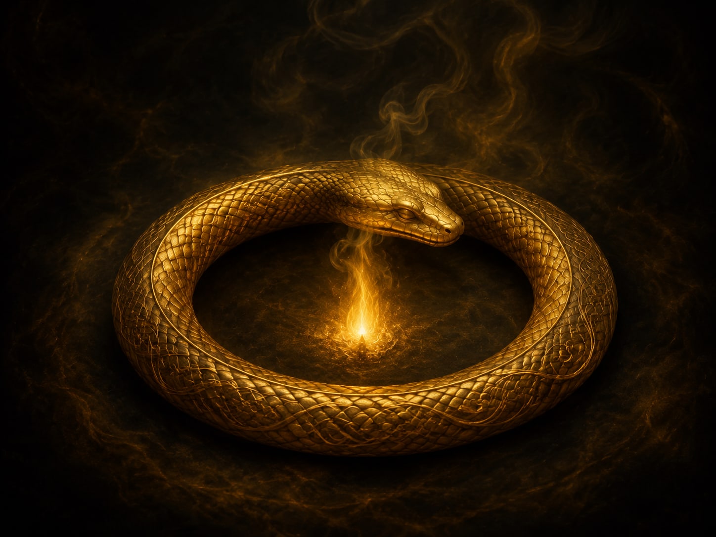 A calm gold serpent coiled in a complete protective ring around a single low ember flame.