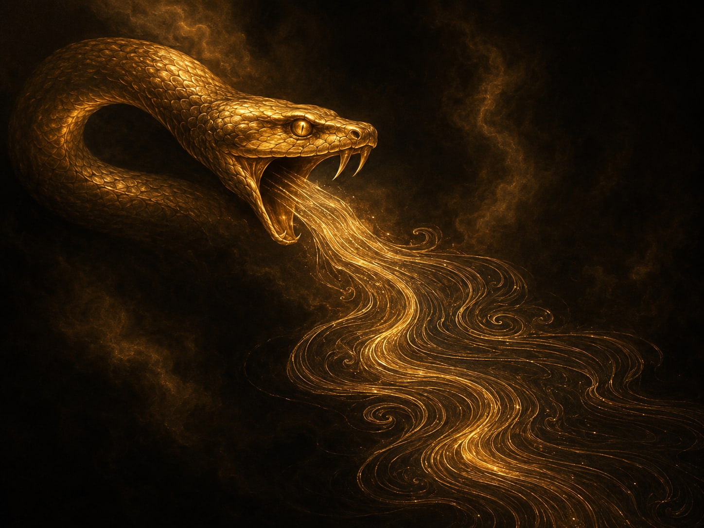 A gold serpent with a gleaming ribbon of water streaming from its open mouth in fine gold linework.
