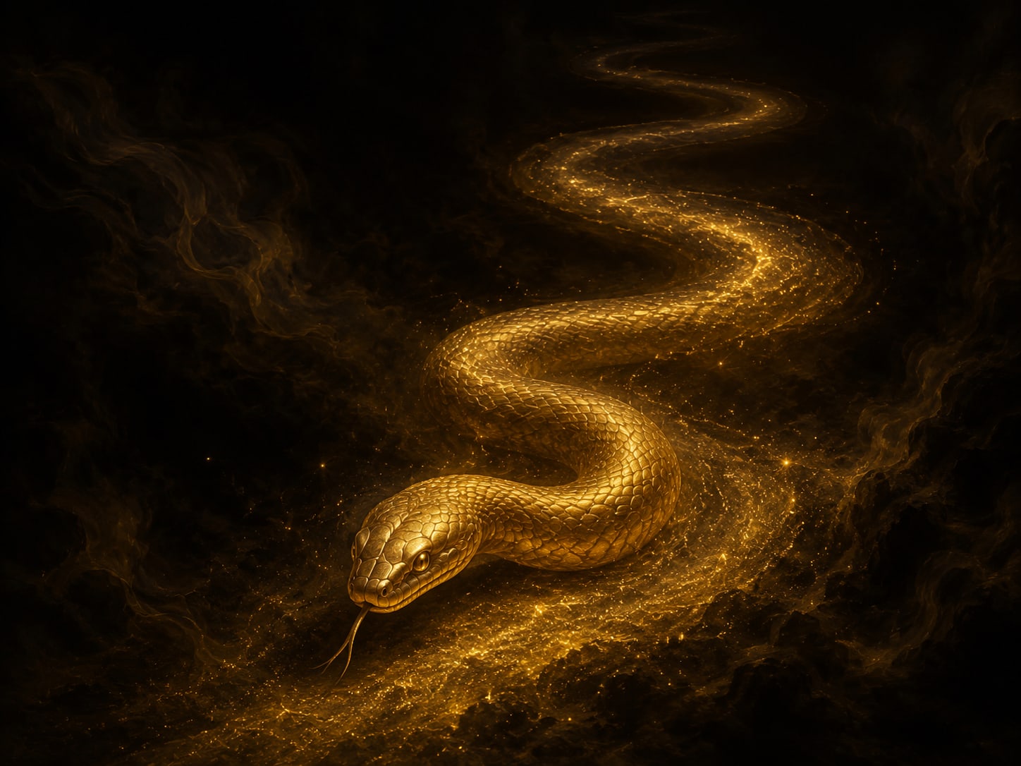 A serpent glowing faintly beneath a dark, still surface, blurred by depth, with slow ripple rings above.