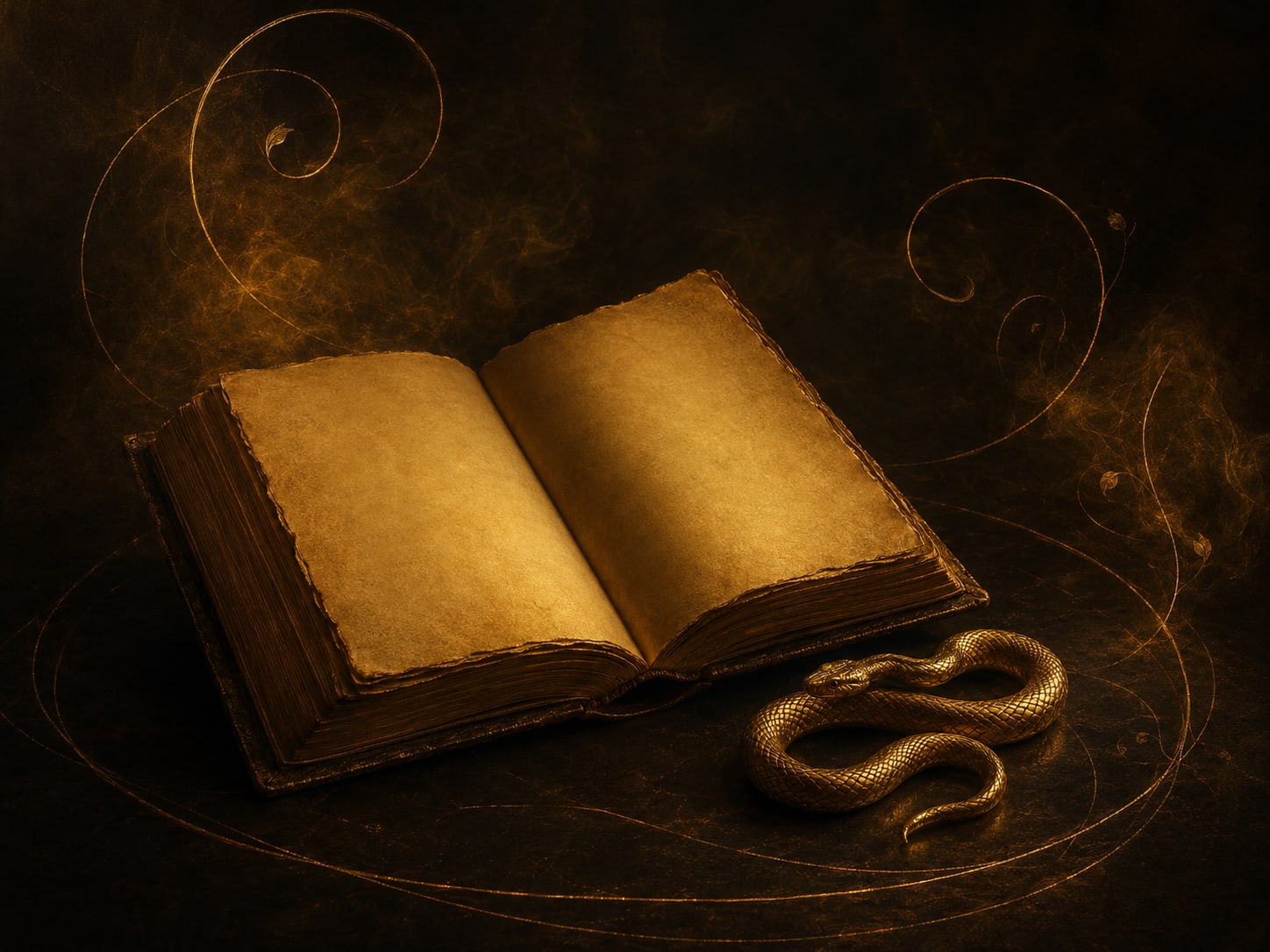 An open antique manuscript with entirely blank unmarked pages, a small coiled gold serpent beside it.