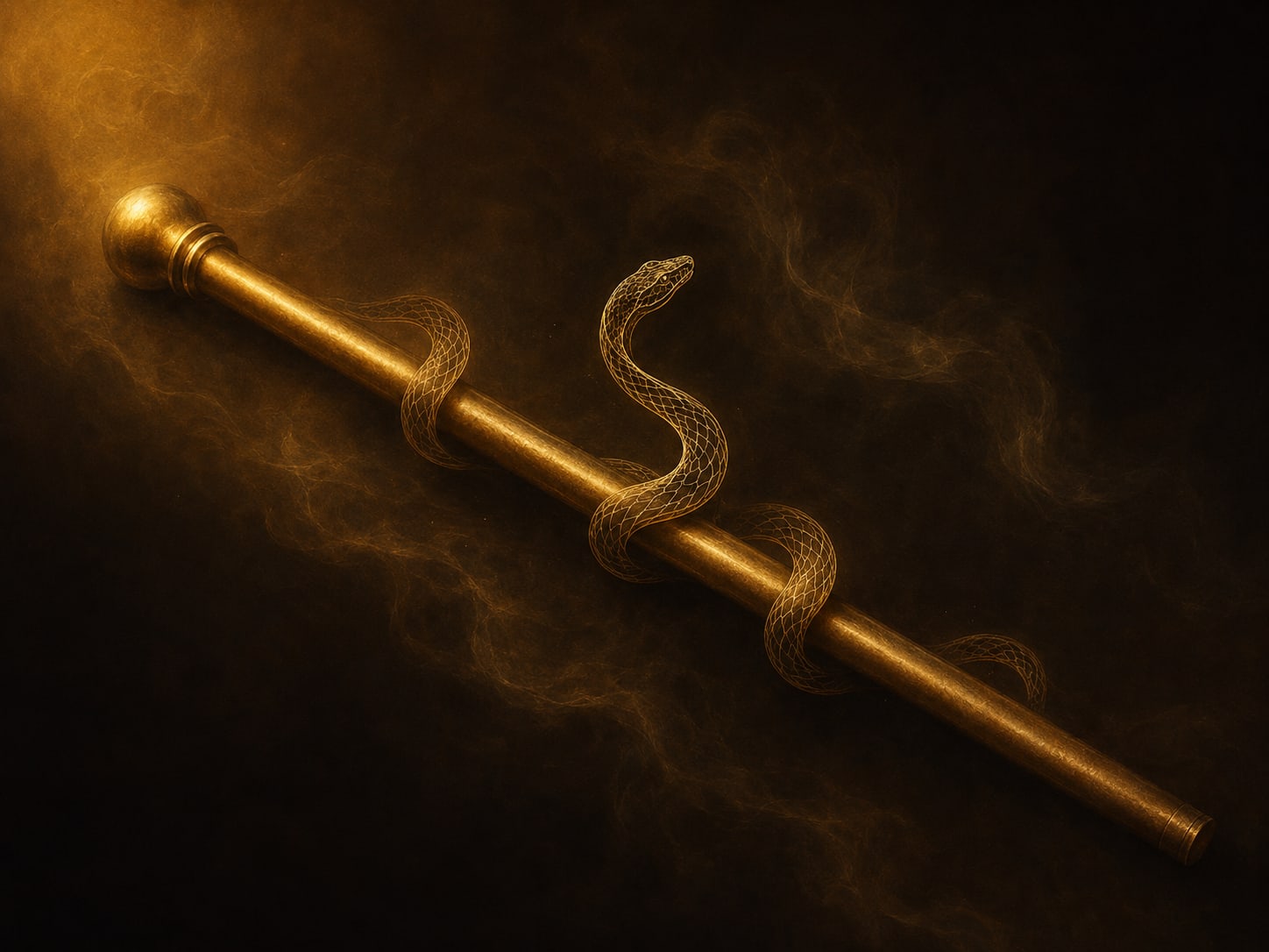A plain gold staff lying on soft darkness with a serpent form emerging along its length.