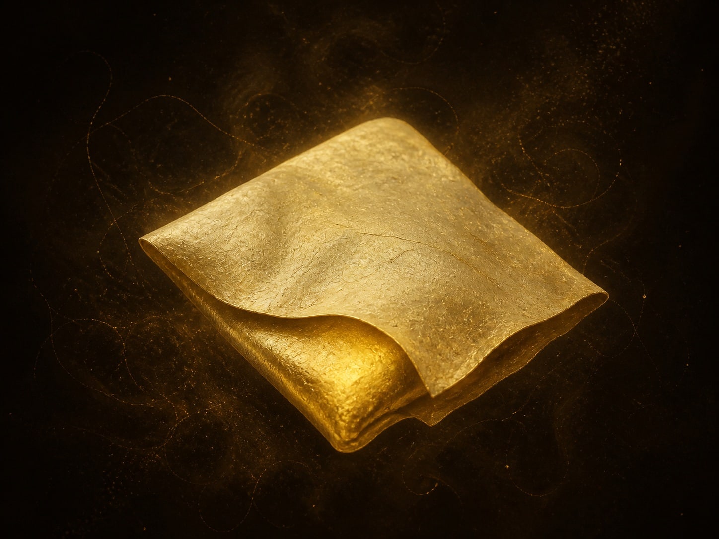 A folded gold form is partly wrapped beneath a pale textured layer in a dark hazy background.