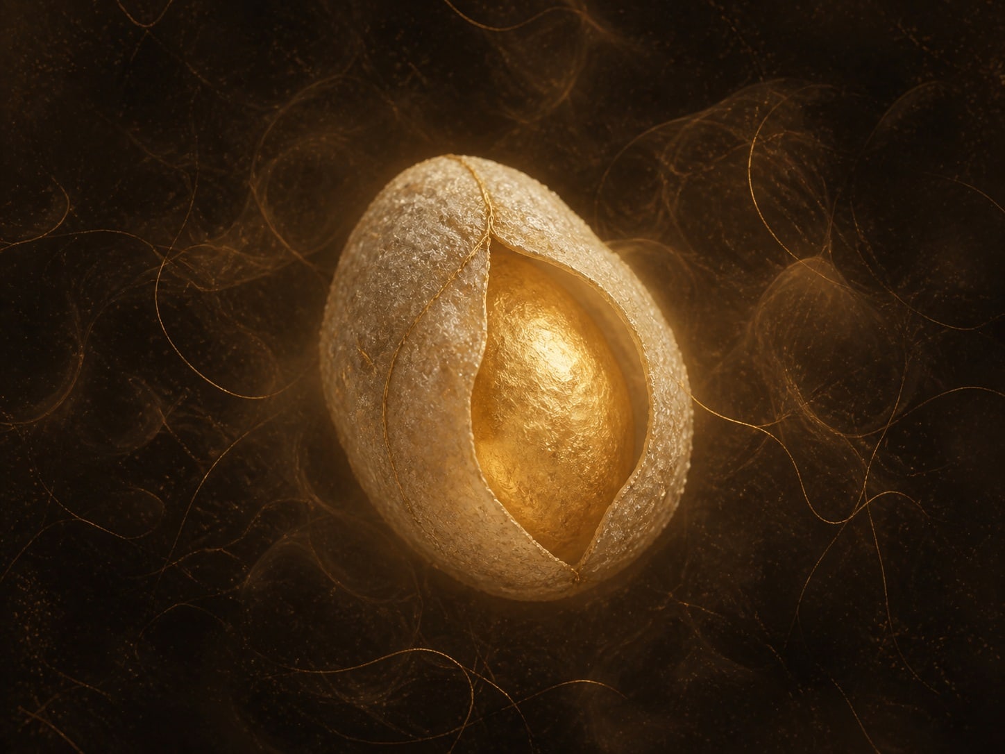 A glowing gold oval is partly enclosed by a pale textured shell in a dark hazy background.