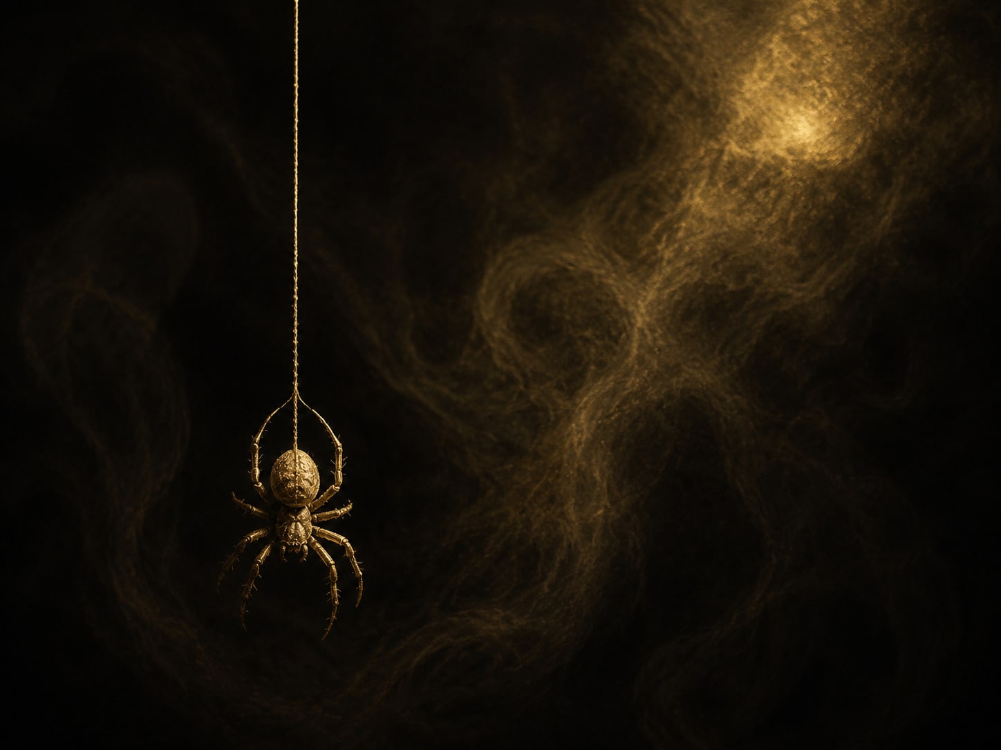 A small gold spider descending a single silk thread.