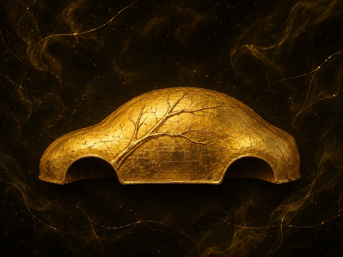 A compact hollow gold car-shaped form with a fine seam across its roof floats in a dark haze.
