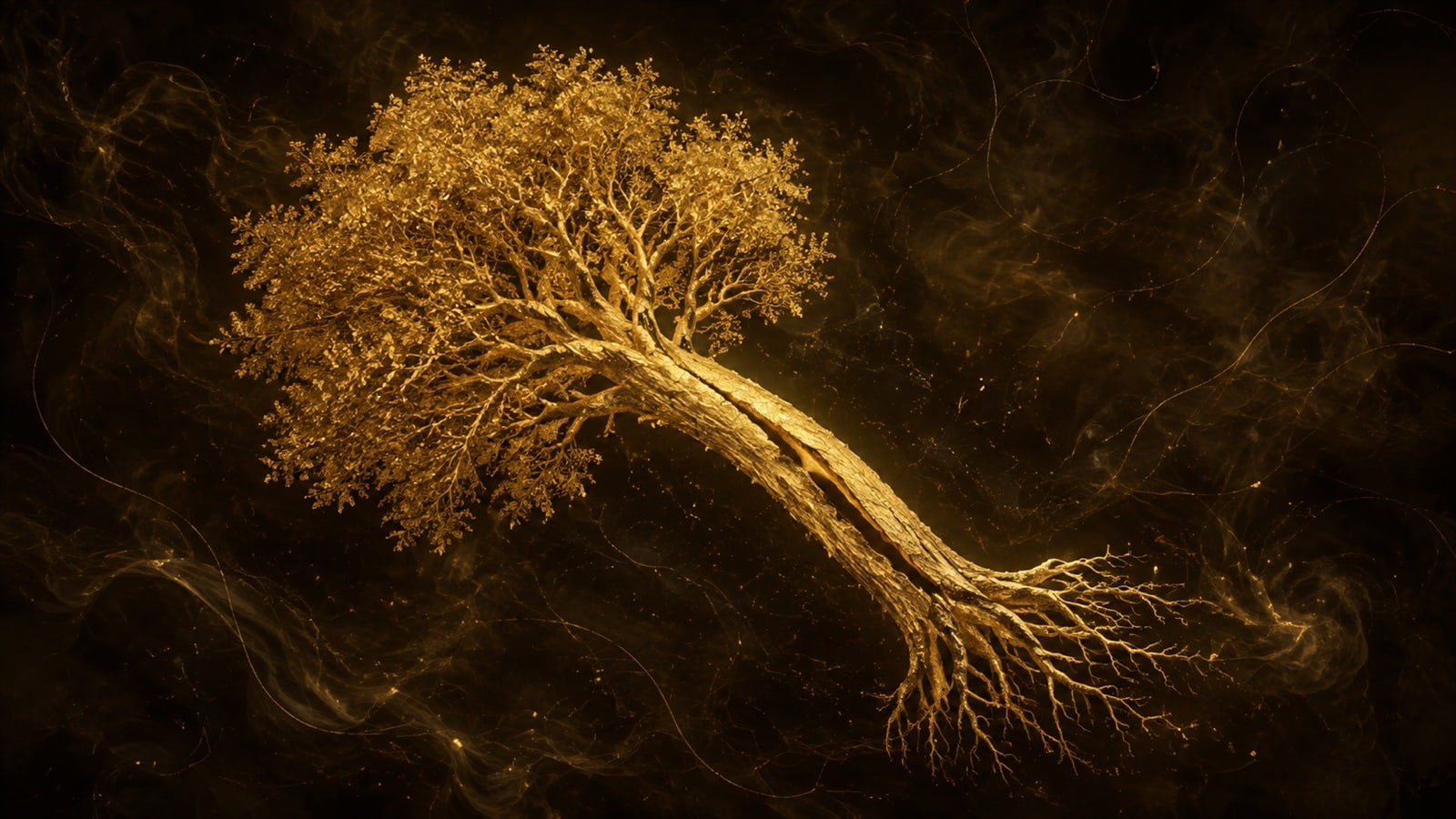 A luminous gold tree with gently exposed roots floats diagonally in a dark hazy void.