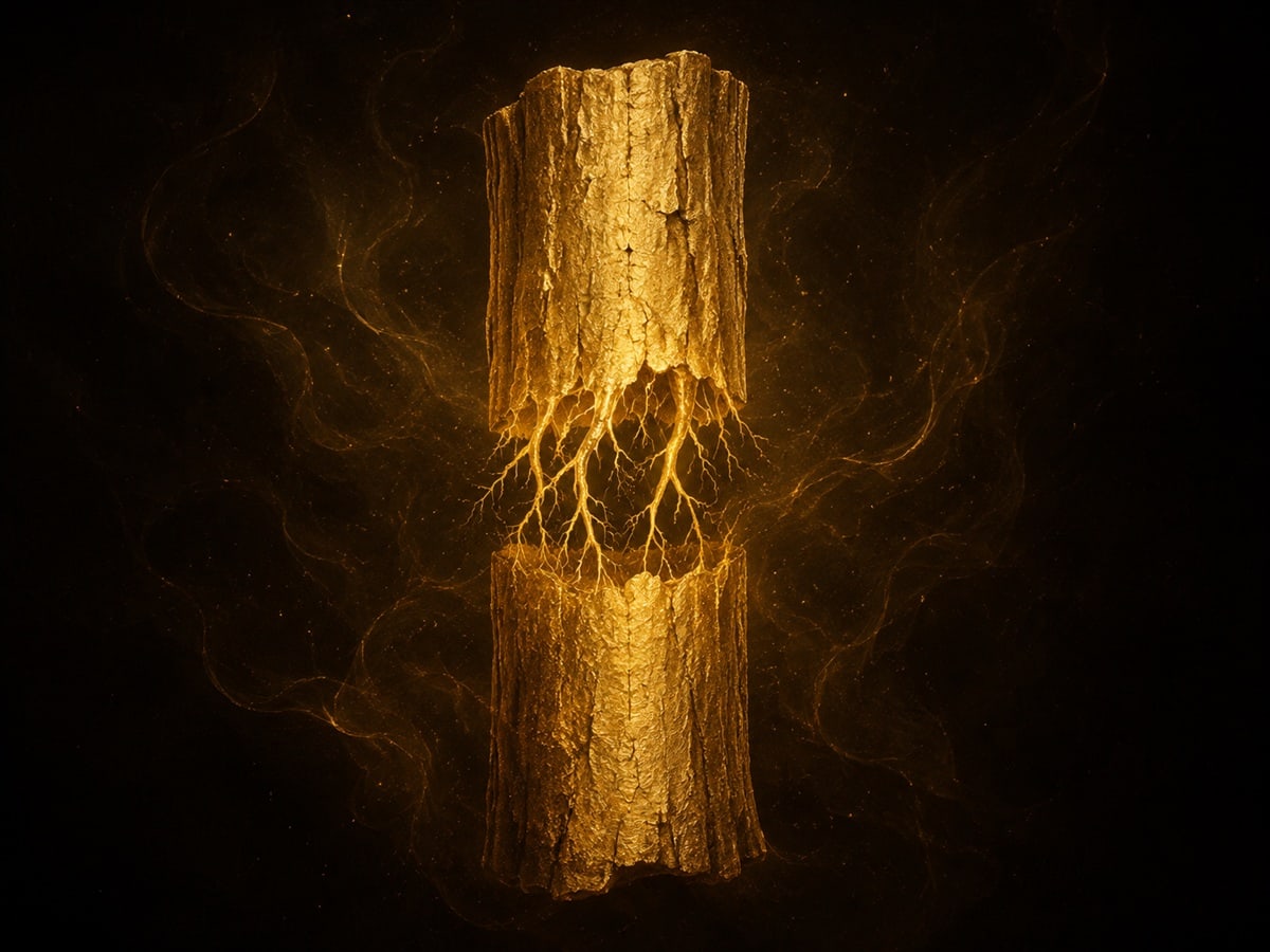 A gold tree trunk with a narrow central break and fine threads across the gap floats in dark haze.
